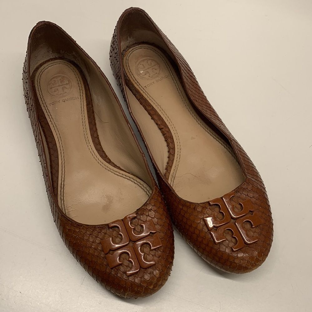 Tory Burch Lowell 2 Snake Embossed Ballet Flat Shoes Brown Tan Size 6